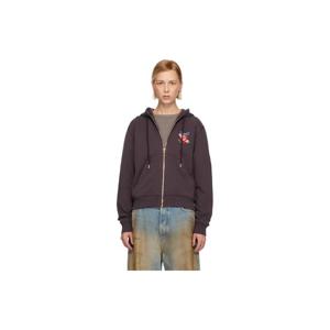 25 FW 카사블랑카 여성 퍼플 드래곤플라이 플로럴 자수 집업 후드티 252195F097002