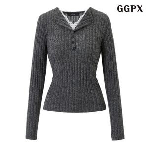 [GGPX]골지 레이스 레이어드 반버튼 긴팔 티셔츠 (GPDLW011D)