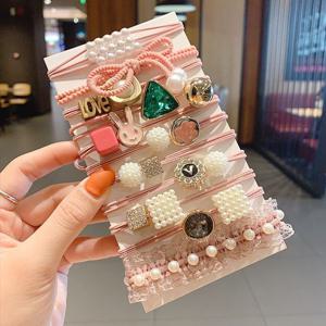 진주 큐빅 헤어 밴드 팔찌 머리 끈 고무줄 11p 핑크