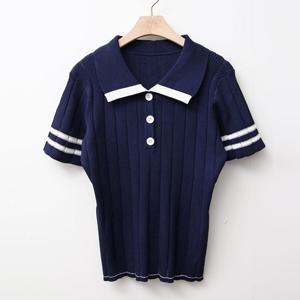 샵앤) 왕골지 여성 반팔 카라 니트 티셔츠 BONG-WKN-3413-네이비