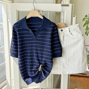 샵앤) 단가라 카라 여성 반팔 니트 티셔츠 JR-WKN-3343-네이비