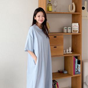 샵앤) 빅사이즈 드롭숄더 반팔 롱 원피스 AMI-WDR-3337-소라