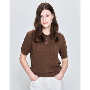 헤지스 여성 25SS 강연 조직감 면 반소매카라 풀오버 브라운 HSSW5B106W2