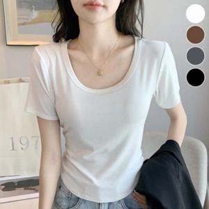 [다잇템]여성 비스코스 멀티컬러 넓은 U넥 언발 반팔티