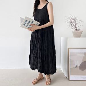 샵앤) 여성 라운드넥 주름가공 민소매 휴양지 비치룩 롱 원피스 NYS-WDR-4637-블랙