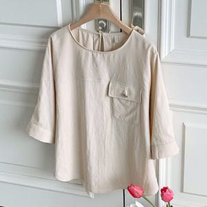 샵앤) 국산 여성 라운드 심플 루즈핏 5부 여름 블라우스 REI-WBL-4642-베이지