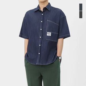 [스콰즈]스콰즈 남자 데님 워싱 패치 반팔 셔츠  SRI052