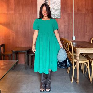 샵앤) 여성 루즈핏 엠보 허리조절 바캉스 반팔 미디 원피스 MCR-WDR-4678-그린