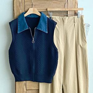 샵앤) 여성 데님 카라 집업 니트 조끼 BONG-WVS-4646-네이비