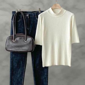 [다잇템]여성 모크넥 골지 비스코스 반소매 소프트 니트