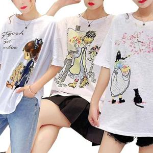 샵앤) 여성 소녀 프린팅 라운드 반팔 면 티셔츠 WON-WSH-WFIWOQ2