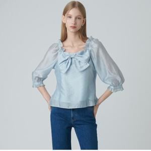 [샤틴]리본장식 뒷허리밴딩 스트라이프블라우스S243M252A20_JK