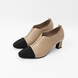 [신난다슈]여성 구두 부티 힐 6cm 펌프스 숏 앵클 부츠 통굽 소가죽 투톤 BS25081 베이지