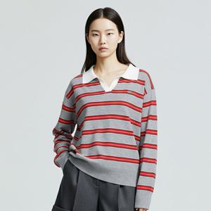 샵앤) 여성 슬릿 카라넥 투톤 배색 긴팔 니트티 BOM-WKN-20832-그레이