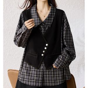 [패션시그널]조끼 레이어드 체크셔츠블라우스 9D5D46