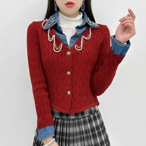 [금찌]금찌 젤리 큐빅 데님 카라 니트 가디건 JK7563