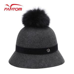 [팬텀] 여성 퍼 방울 리본 펠트 버킷햇