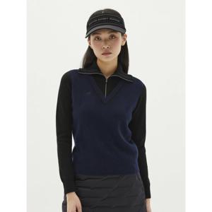 [마스터바니] 여성 배색 브이 하프 집업 터틀넥 스웨터