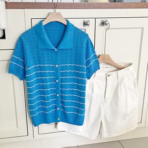 샵앤) 단가라 카라 여성 반팔 니트가디건 DGB-WCD-3323-블루