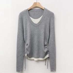 샵앤) 여성 U넥 레이어드 긴팔 니트 티셔츠 SIU-WKN-3654-그레이