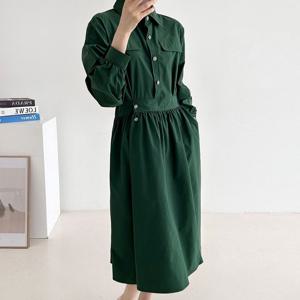 샵앤) 여성 단추 셔링 밴딩 롱 원피스 CAT-WDR-3828-진베이지