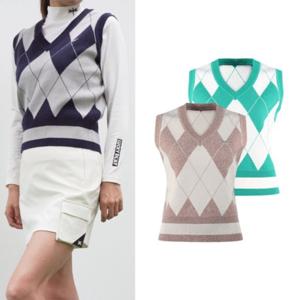 보스케 여성 봄 가을 골프웨어 골프 브이넥 아가일 니트 조끼 L102406