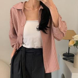 샵앤) 여성 카라넥 스트라이프 베이직 긴팔 남방 셔츠 CAT-WBL-4163-카키