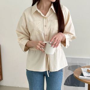 샵앤) 여성 간절기 카라넥 앞포켓 허리 스트링 블라우스 셔츠 CAT-WBL-4164-연베이지