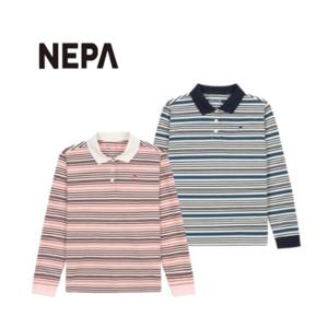 여성 캐주얼 스트라이프 긴팔 폴로티셔츠_7L25245