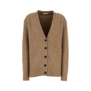 살바토레 페라가모 여성 베이지 Alpaca 오버사이즈 카멜 울 V넥 가디건 112892777622 NUDE