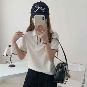 샵앤) 여성 캐주얼 두줄 카라넥 단추 반오픈 반팔 티셔츠 21DS-WSH-4245-아이_BK