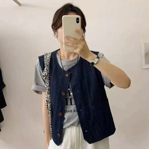 샵앤) 여성 노카라 레이어드 데님 단추 청조끼 MSE-WVS-20387-진청