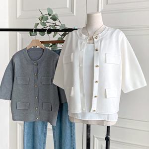 샵앤) 여성 라운드 금장단추 반팔 니트 가디건 DGB-WCD-4307-아이보리