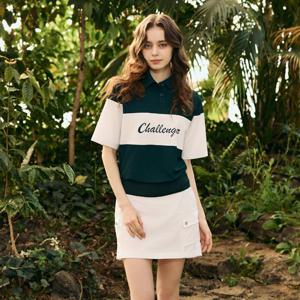 [챌린저] 여성 썸머 쿨 컬러 블로킹 블루종 카라 반팔 티셔츠 다크그린