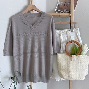 샵앤) 여성 V넥 여름 루즈 데일리 반팔 니트 티셔츠 DGB-WKN-4557-그레이