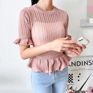 샵앤) 국산 여성 시스루 라운드 프릴 반팔 니트 티셔츠 WDM-WKN-2LCBB1052