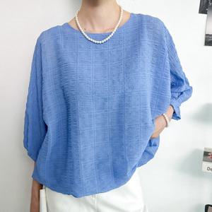 샵앤) 여성 라운드넥 루즈핏 벌룬소매 6부 블라우스 CAT-WBL-4456-블루