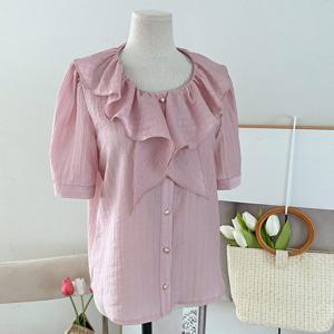 샵앤) 국산 여성 프릴넥 여름 반팔 블라우스 REI-WBL-4578-핑크