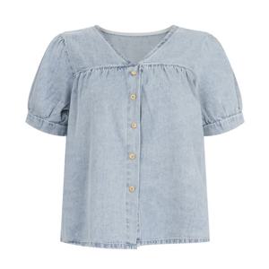 샵앤) 여성 V넥 단추 셔링 반팔 얇은 데님 A라인 블라우스 MSE-WBL-20702-연청