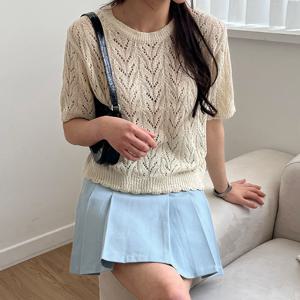 샵앤) 국산 여성 라운드넥 뜨개 그물 펀칭 반팔 니트티 21DS-WKN-4615-베이지