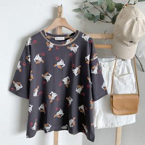 샵앤) 국산 여성 스티치 라운드 슈팅도그 여름 반팔티 FJ-WSH-4651-그레이