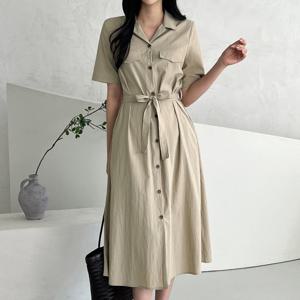샵앤) 국산 여성 정장 카라넥 허리끈 앞단추 미디 원피스 REI-WDR-4655-베이지