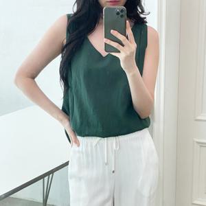 샵앤) 국산 여성 린넨 V넥 베이직 민소매 나시티 SML-WSH-4588-그린