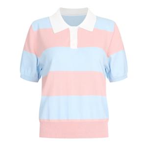 샵앤) 여성 카라넥 단가라 파스텔 반팔 니트 티셔츠 BOM-WKN-20676-핑크