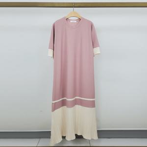 샵앤) 국산 여성 라운드 투톤 배색 주름 오버핏 롱원피스 LL-WDR-4671-핑크