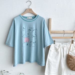 샵앤) 국산 여성 스티치 라운드 사과 스케치 반팔티 FJ-WSH-4650-블루