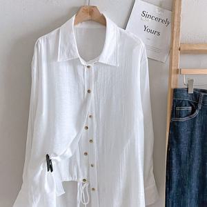 샵앤) 여성 카라넥 유니크 이중 단추여밈 긴팔 롱 블라우스 DGB-WBL-4742-아이보리