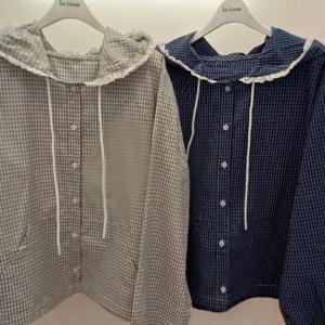 Latium HC06 팔뚝품편한 체크레이스 주머니 점퍼형 후드 긴팔 면 블라우스 T2531bl15