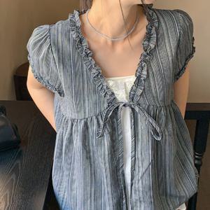 샵앤) 여성 스트라이프 레이스 프릴 반팔 블라우스 MSE-WBL-20761-블랙