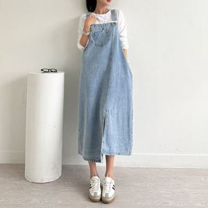 [나크21] 언발 앞트임 데님 멜빵 롱원피스 NK51-OI-1